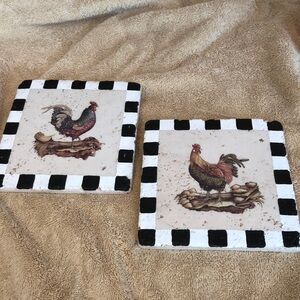Pair of Vtg Rooster Painted 6x6” Wall Hanging Tiles Country Folk Art Farmhouse